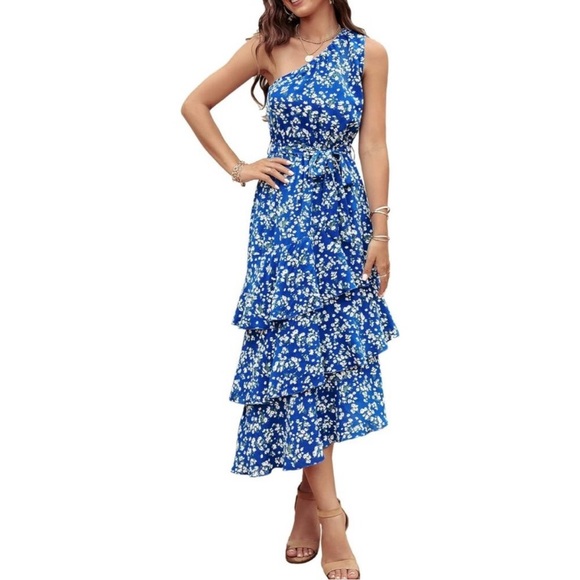 PrettyGarden Dresses & Skirts - PrettyGarden Blue Floral One-Shoulder Ruffle Dress | XL